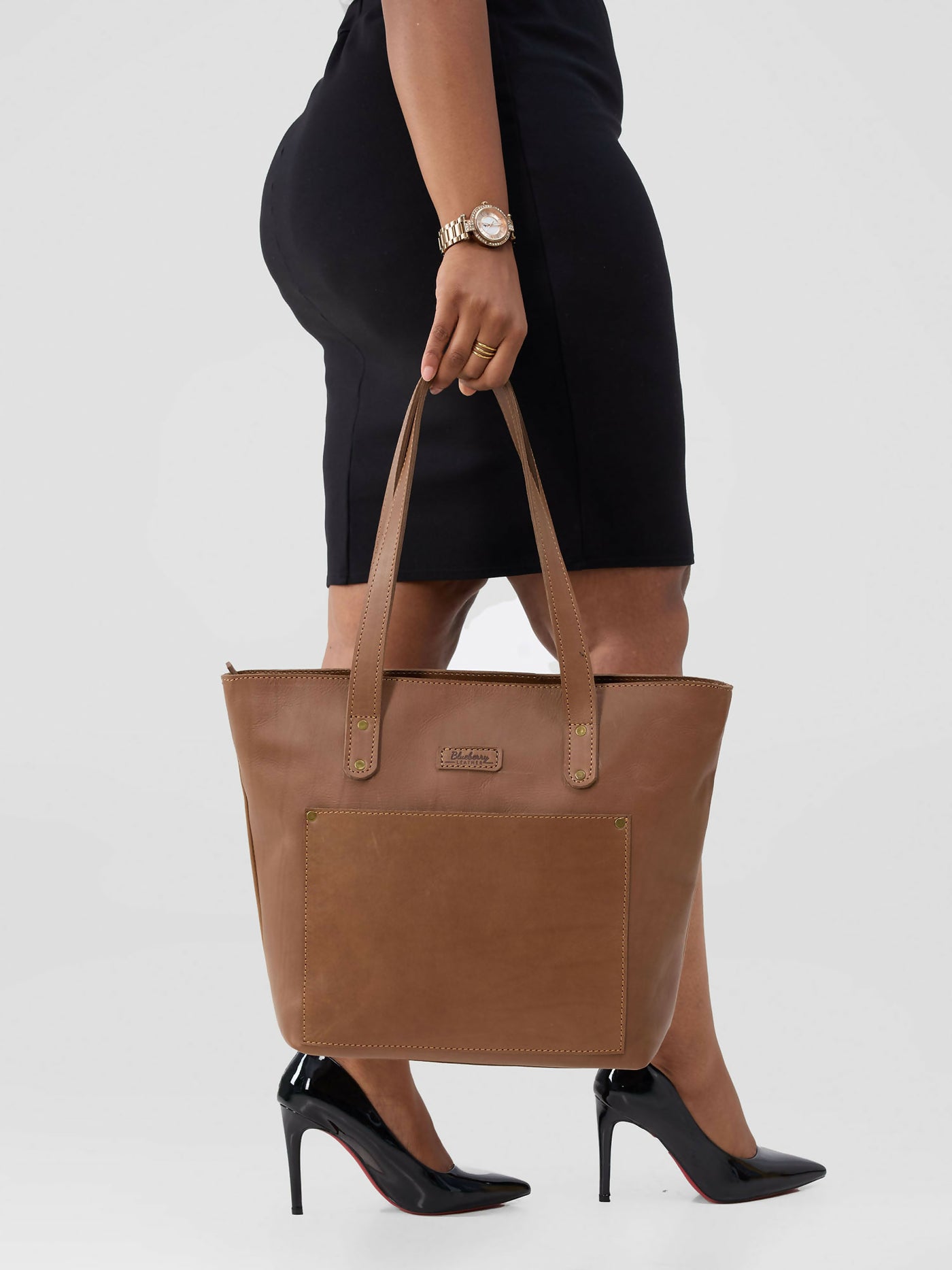 Blueberry Leather Tote Bag - Brown - Shopzetu
