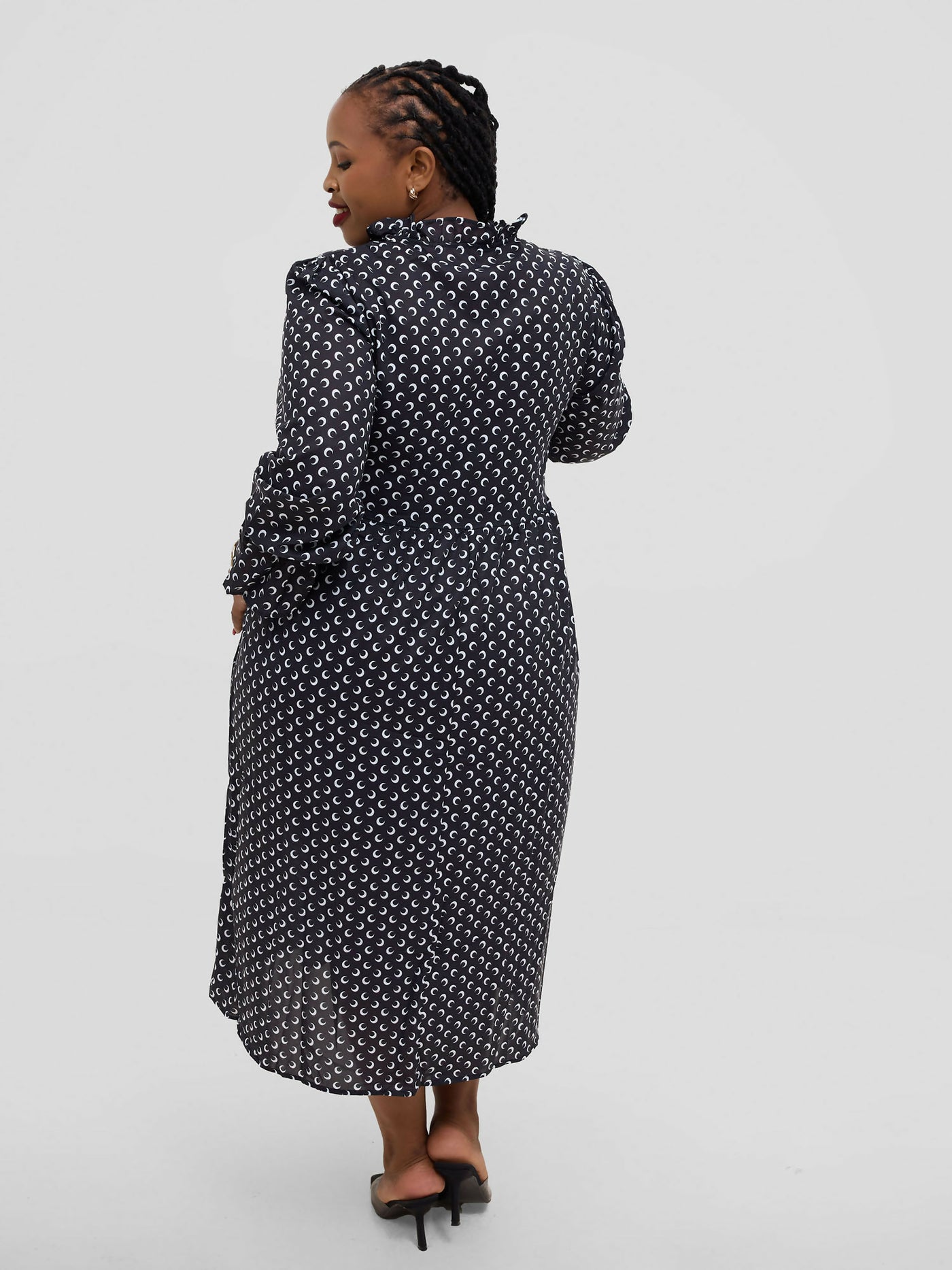 Hessed Polka Dot Ruffle Flare Sleeve Beled Chiffon Dress - Black - Shopzetu