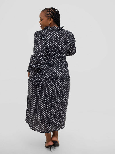 Hessed Polka Dot Ruffle Flare Sleeve Beled Chiffon Dress - Black - Shopzetu
