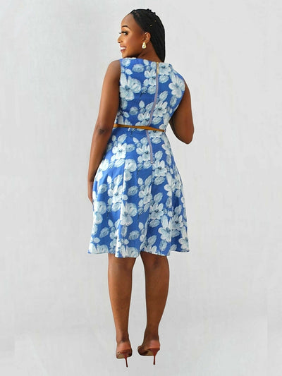 The Fashion Frenzy Belted Floral Skater Dress - Blue / White - Shopzetu