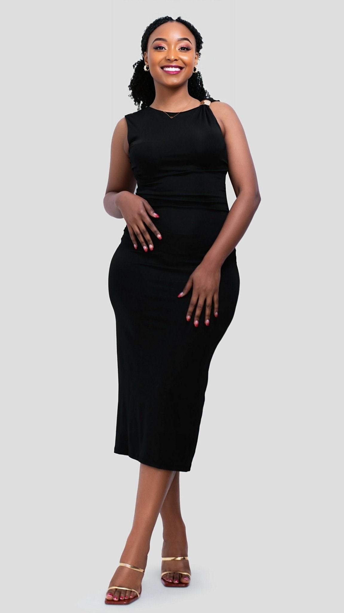 The Fashion Frenzy Buckle Strap Bodycon Midi Dress - Black - Shopzetu