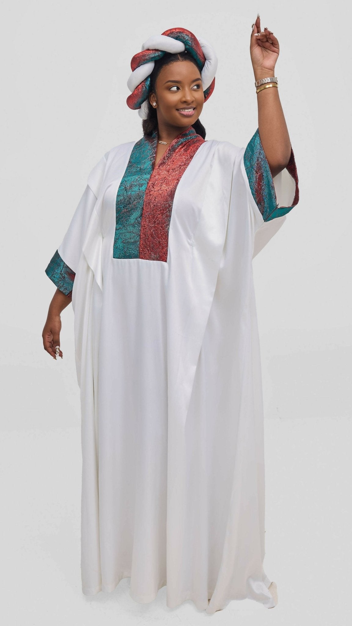 Hats And More Majestic Radiance Kaftan Dress & Matching Headwrap – White - Shopzetu