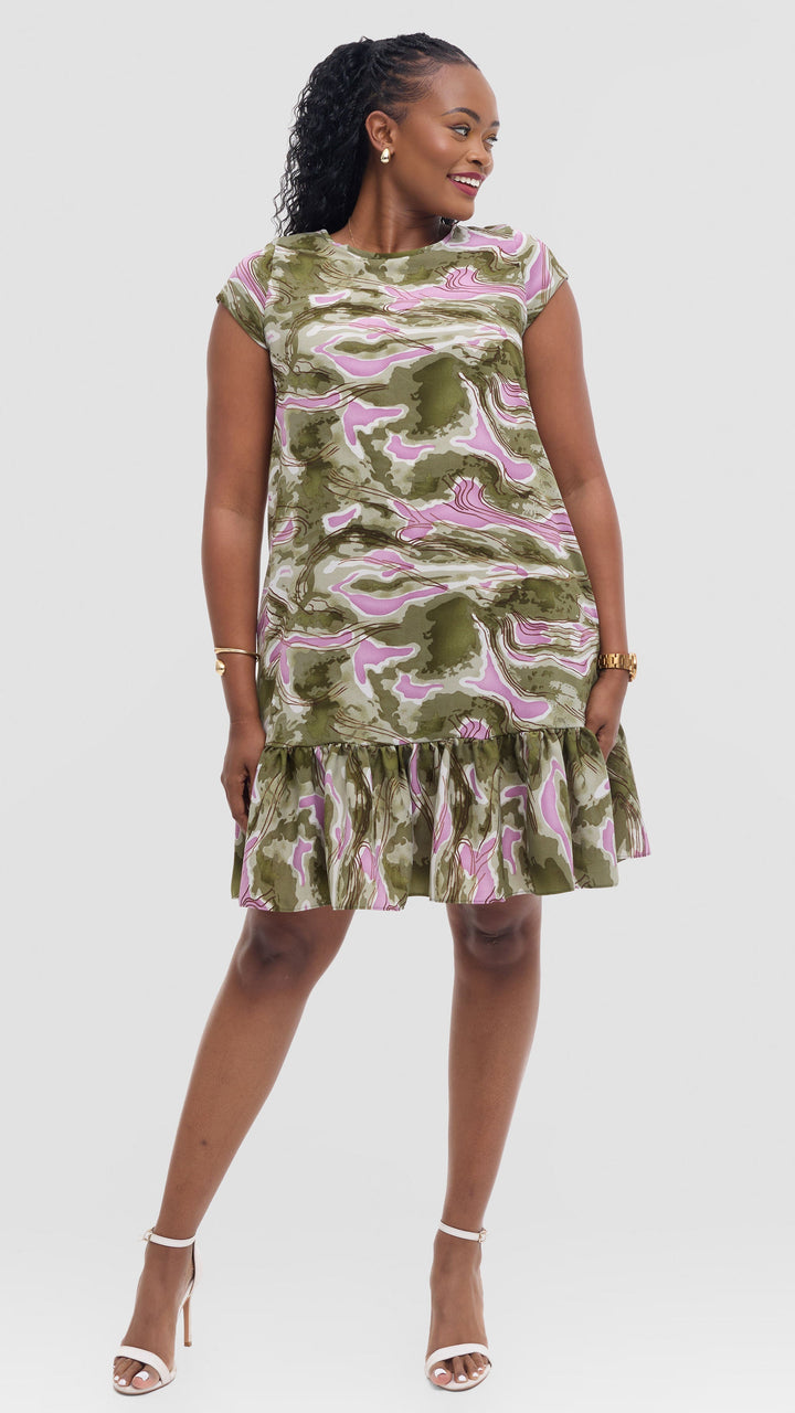 Vivo Dalia Cap Sleeve Gathered Dress in Crepe - Dark Green Textured print