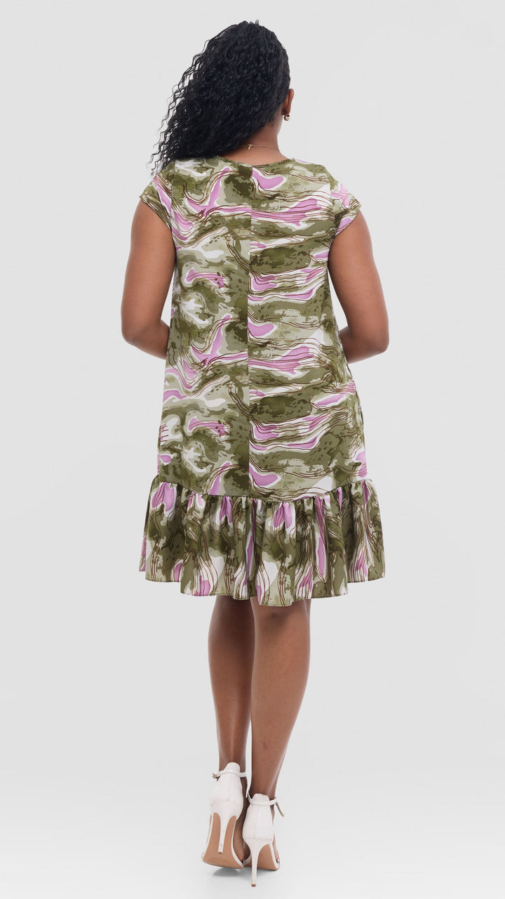 Vivo Dalia Cap Sleeve Gathered Dress in Crepe - Dark Green Textured print