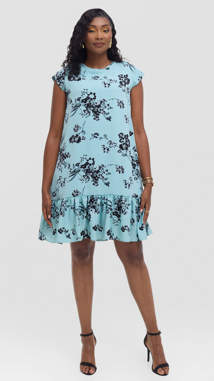 Vivo Dalia Cap Sleeve Gathered Dress in Crepe - Sea Green Textured print
