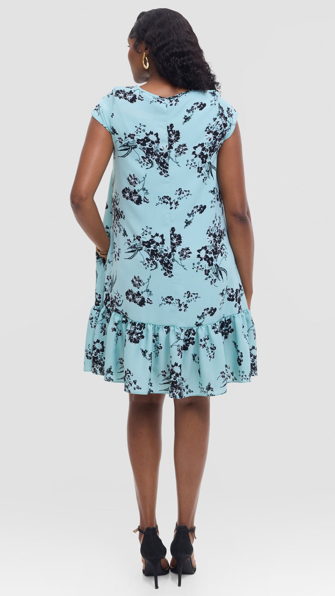 Vivo Dalia Cap Sleeve Gathered Dress in Crepe - Sea Green Textured print