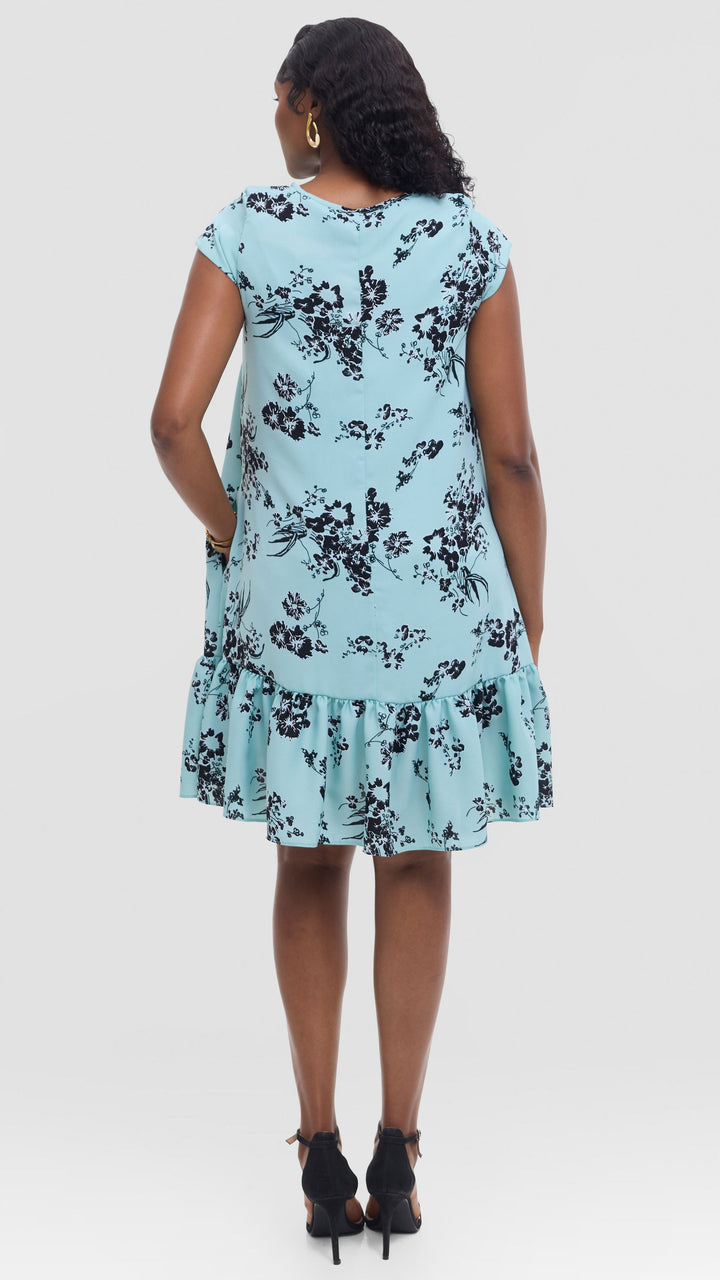 Vivo Dalia Cap Sleeve Gathered Dress in Crepe - Sea Green Textured print
