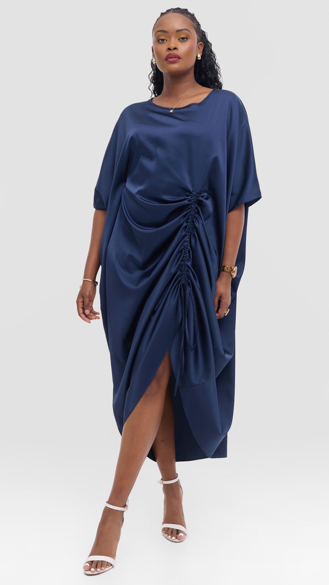 Vivo Liora Side Drawstring Kaftan Dress in Satin - Dark Navy