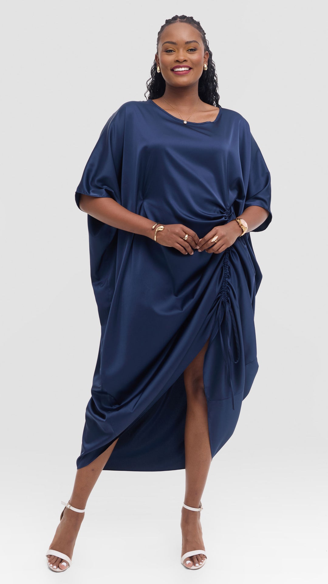 Vivo Liora Side Drawstring Kaftan Dress in Satin - Dark Navy