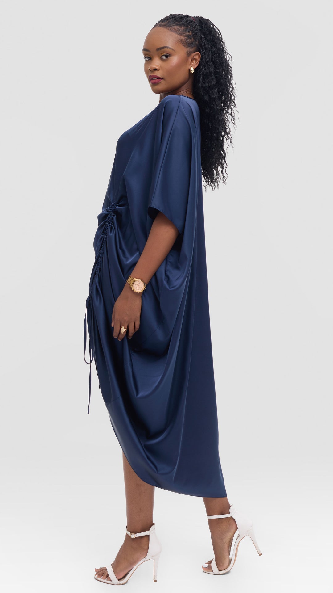 Vivo Liora Side Drawstring Kaftan Dress in Satin - Dark Navy