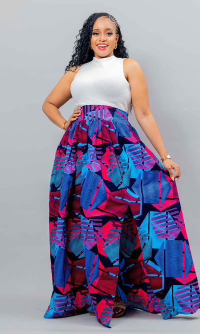 African Yuva Lily African Print Skirt - Blue / Pink Print - Shopzetu
