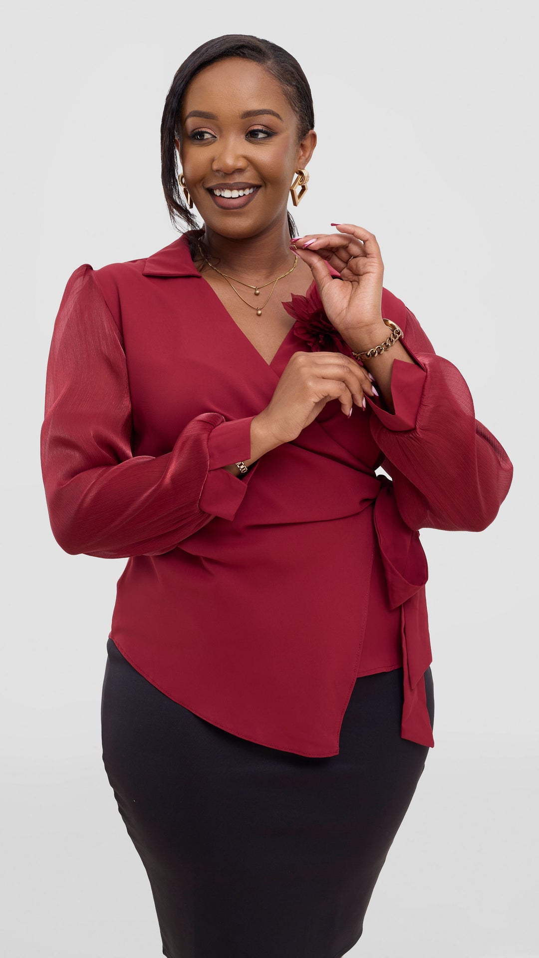 The Fashion Frenzy Wrap Blouse - Maroon