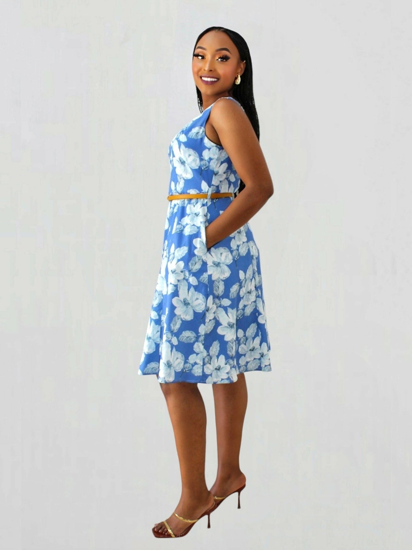 The Fashion Frenzy Belted Floral Skater Dress - Blue / White - Shopzetu