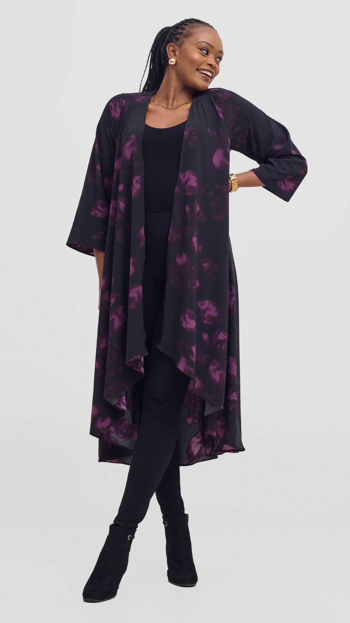 Vivo Maisha Long Sleeve High Low Kimono - Black / Purple Beri Print - Shopzetu