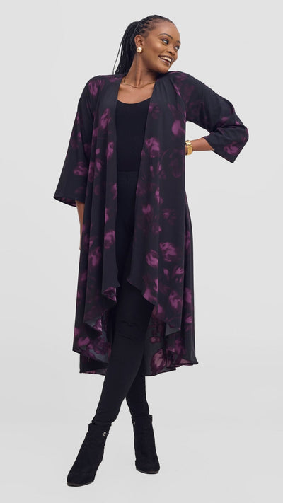 Vivo Maisha Long Sleeve High Low Kimono - Black / Purple Beri Print - Shopzetu