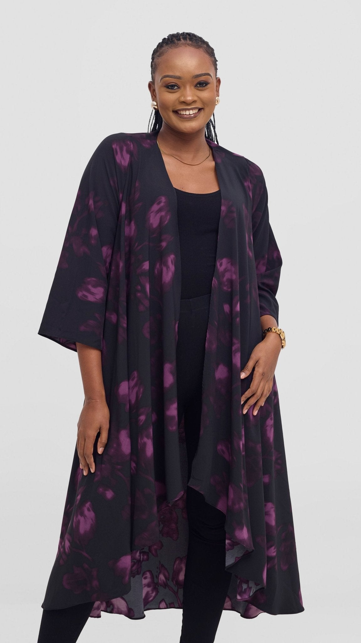 Vivo Maisha Long Sleeve High Low Kimono - Black / Purple Beri Print - Shopzetu