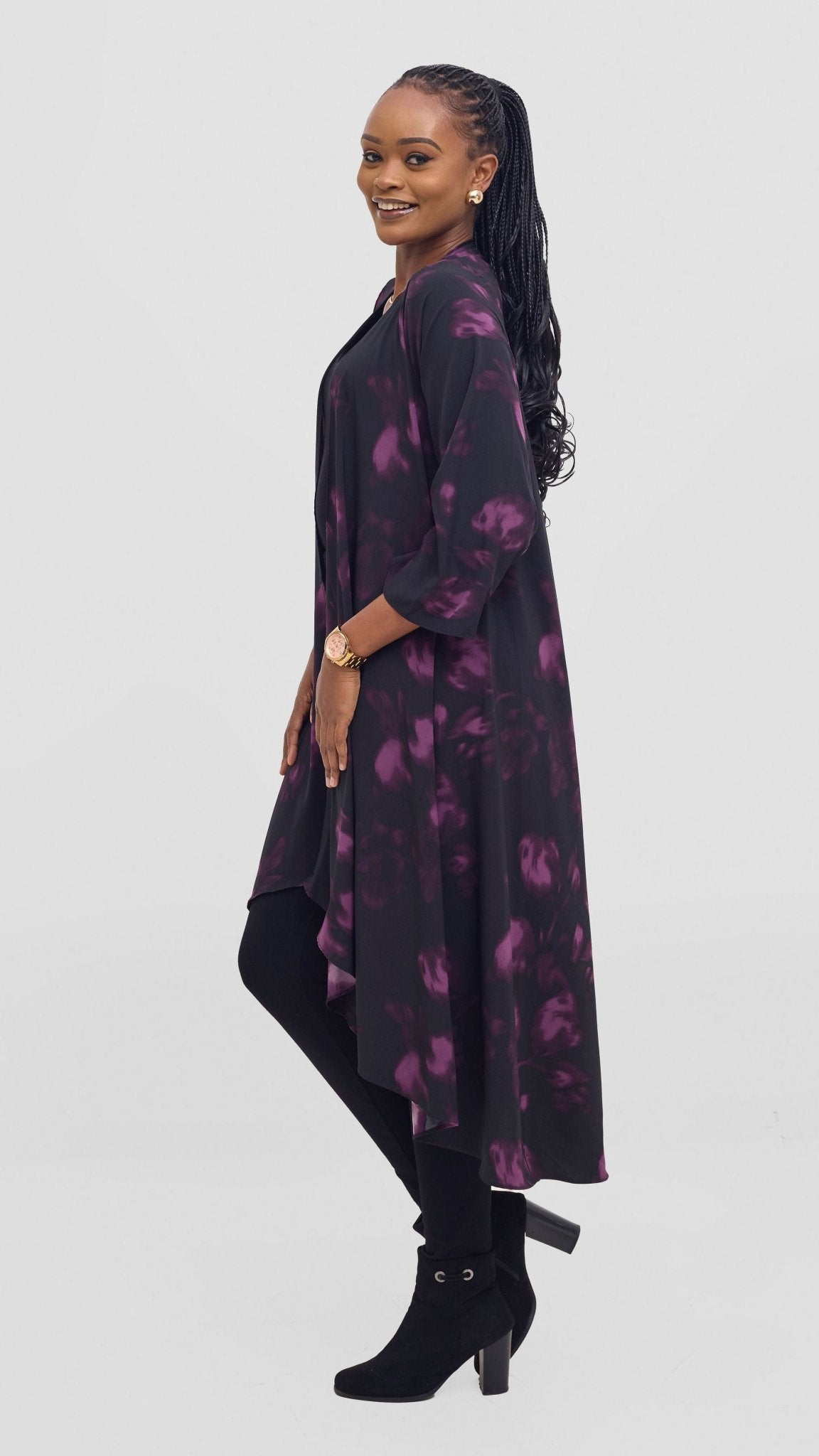 Vivo Maisha Long Sleeve High Low Kimono - Black / Purple Beri Print - Shopzetu