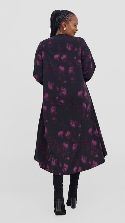Vivo Maisha Long Sleeve High Low Kimono - Black / Purple Beri Print - Shopzetu