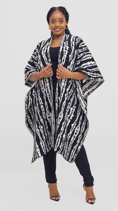 Vivo Reversible Poncho without Fringes - Black / Off - white Miwa Print - Shopzetu