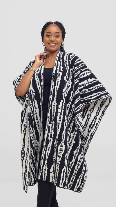 Vivo Reversible Poncho without Fringes - Black / Off - white Miwa Print - Shopzetu