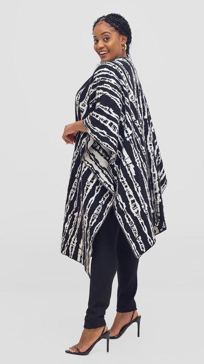 Vivo Reversible Poncho without Fringes - Black / Off - white Miwa Print - Shopzetu