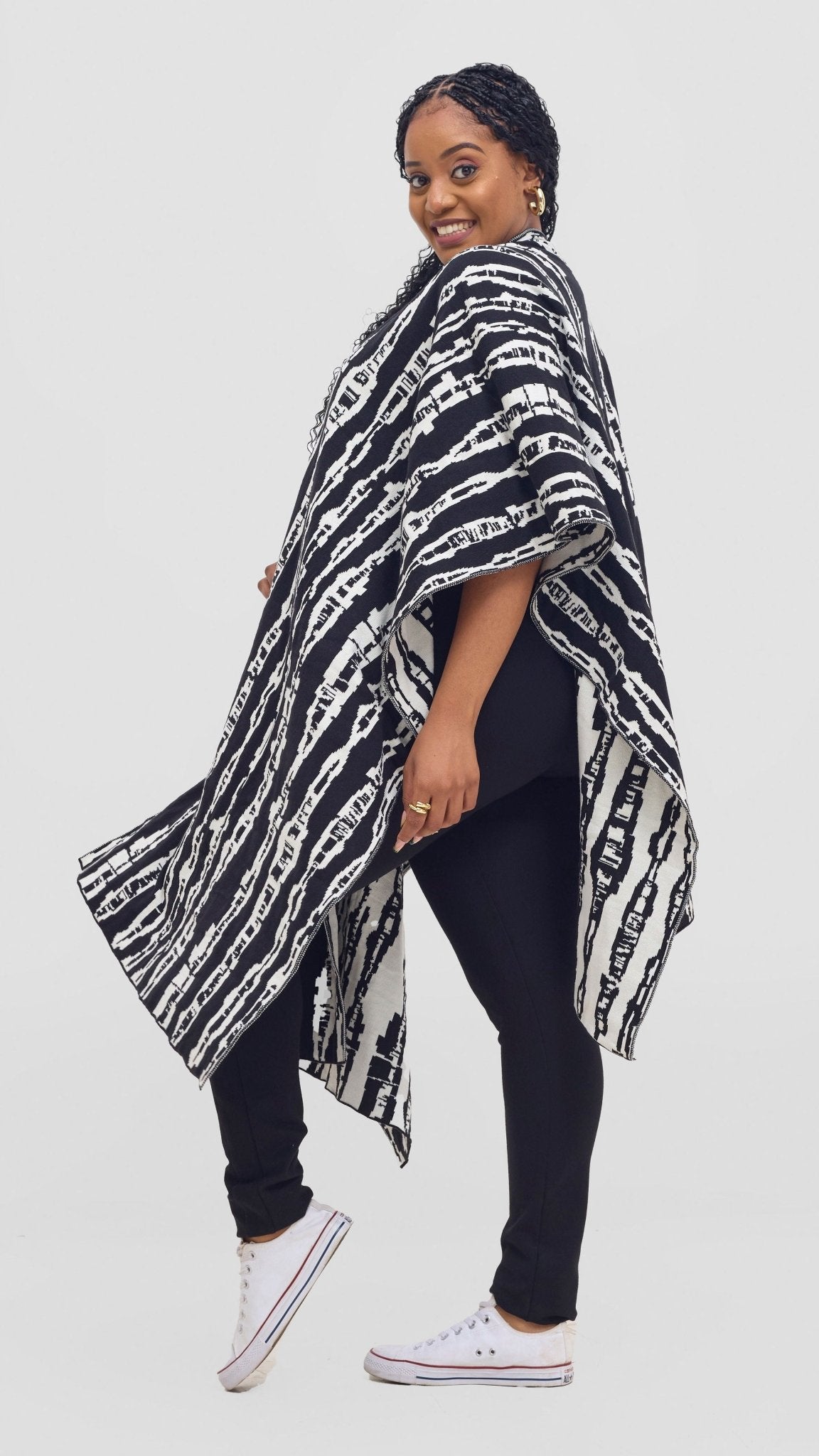 Vivo Reversible Poncho without Fringes - Black / Off - white Miwa Print - Shopzetu