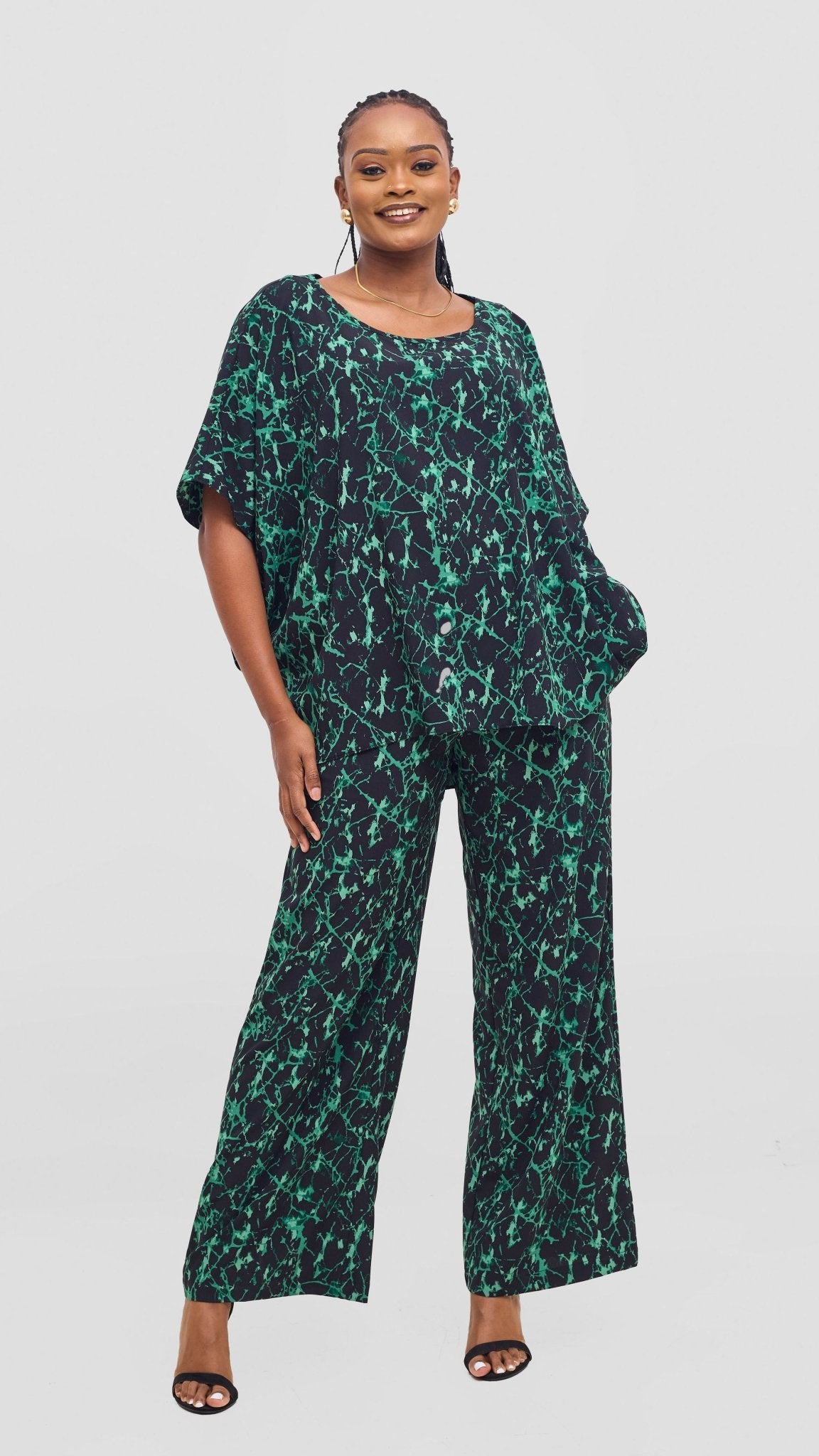 Vivo Maisha Top & Pant Set - Black/ Green Print - Shopzetu