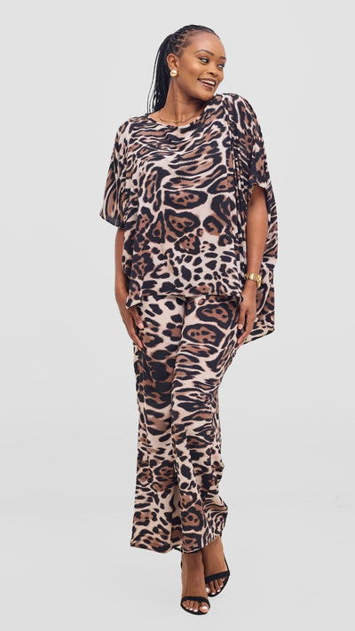 Vivo Maisha Top & Pant Set - Light Taupe / Black Print - Shopzetu