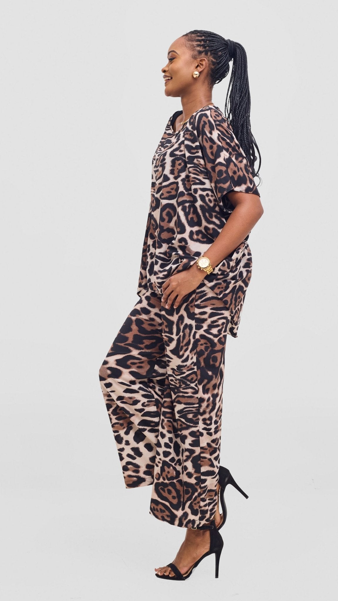 Vivo Maisha Top & Pant Set - Light Taupe / Black Print - Shopzetu