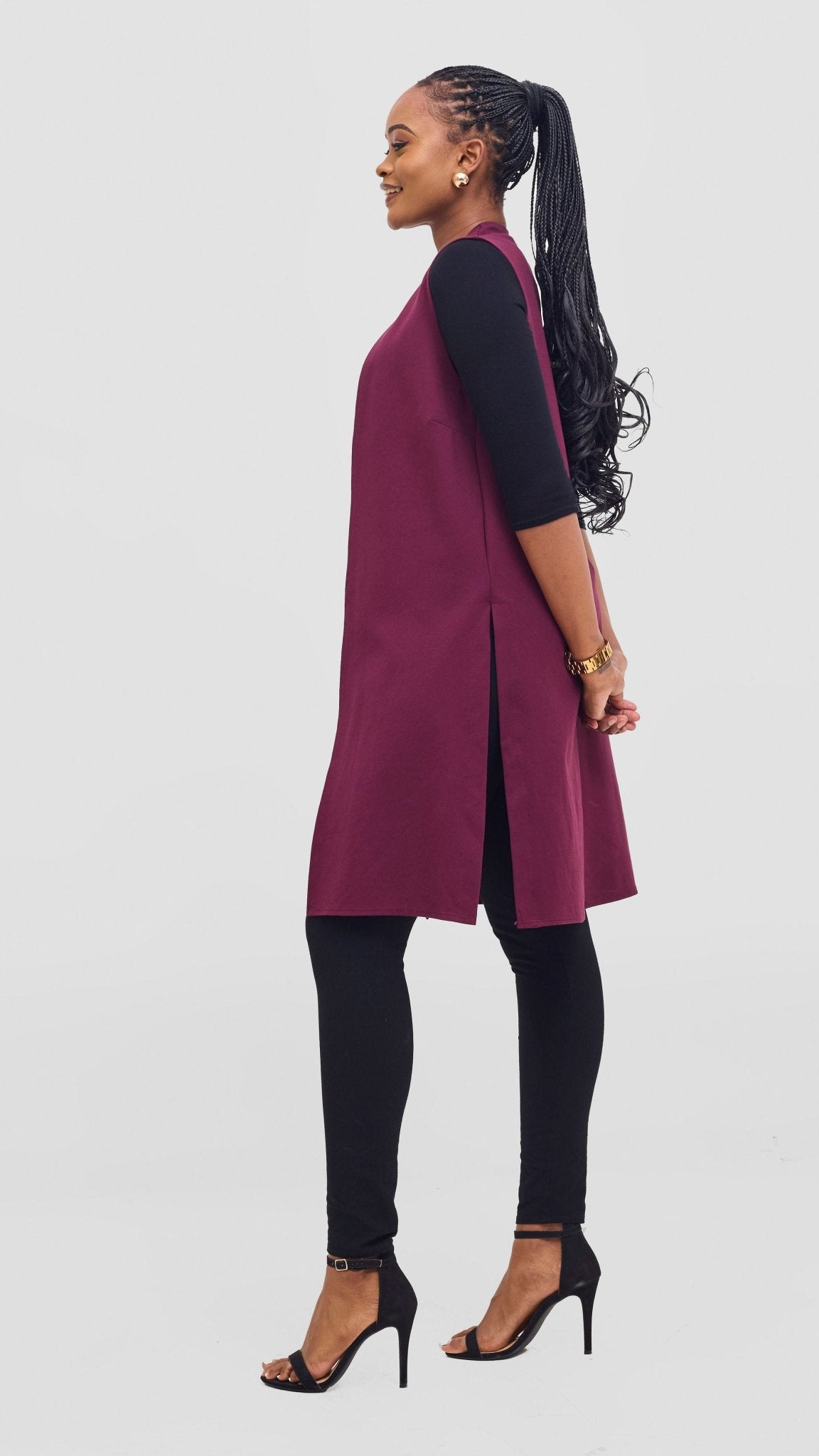 Vivo Waridi Sleeveless Overcoat - Burgundy - Shopzetu