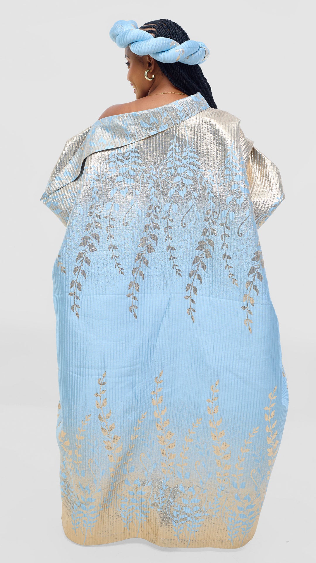 Shona Bold Elegance Brocade Dress With Matching Headpiece - Sky Blue Silver
