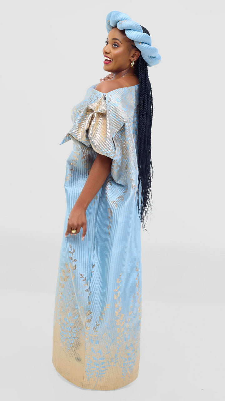 Shona Bold Elegance Brocade Dress With Matching Headpiece - Sky Blue Silver