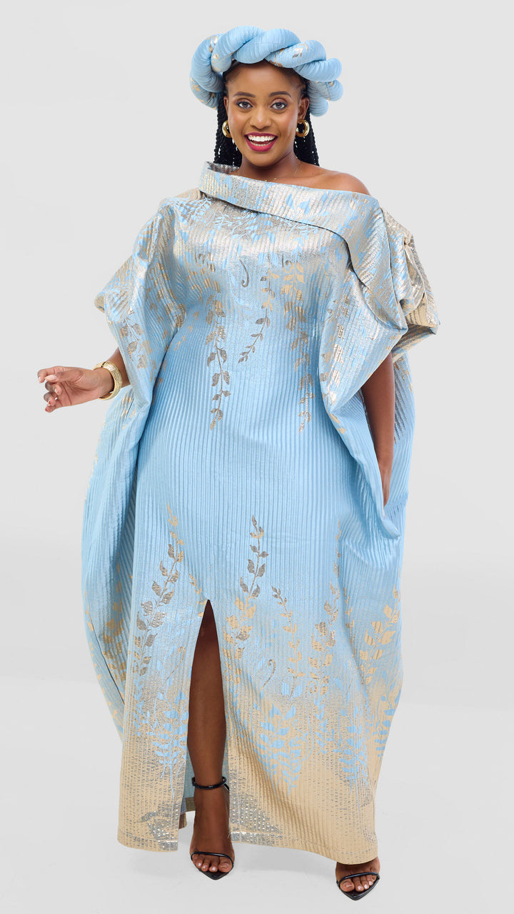 Shona Bold Elegance Brocade Dress With Matching Headpiece - Sky Blue Silver
