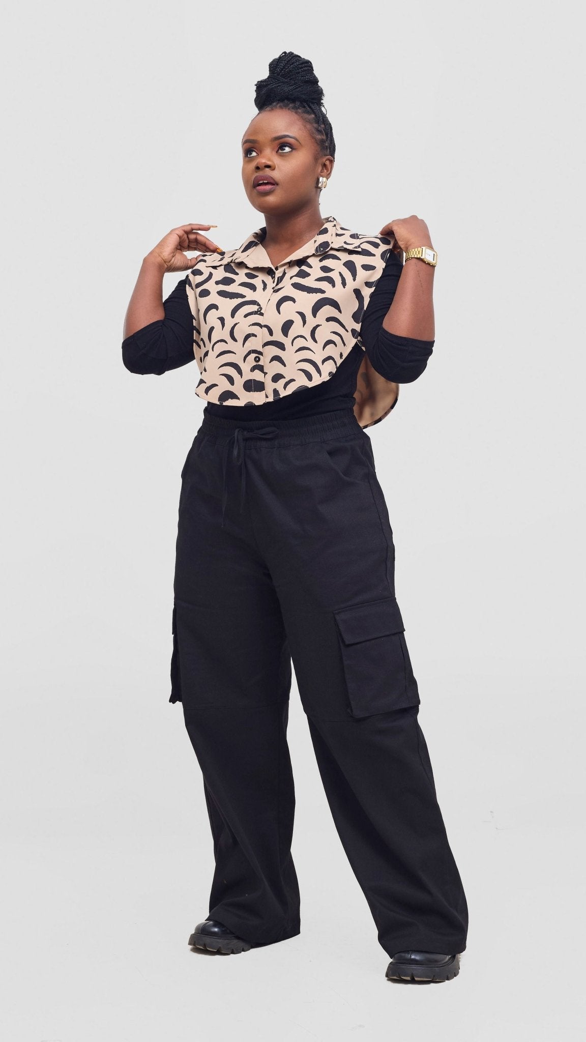 Shiv & Shikie X Safari Faux Collar Printed Shirt - Taupe/Black Ezi Print - Shopzetu