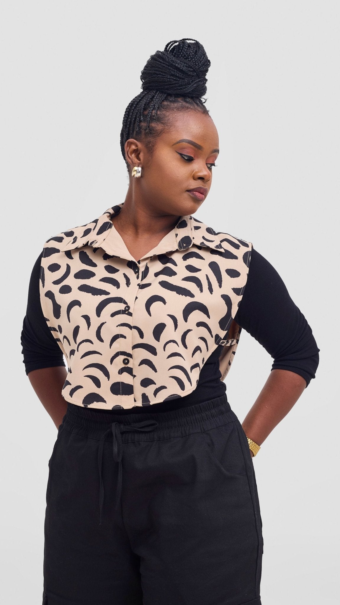 Shiv & Shikie X Safari Faux Collar Printed Shirt - Taupe/Black Ezi Print - Shopzetu