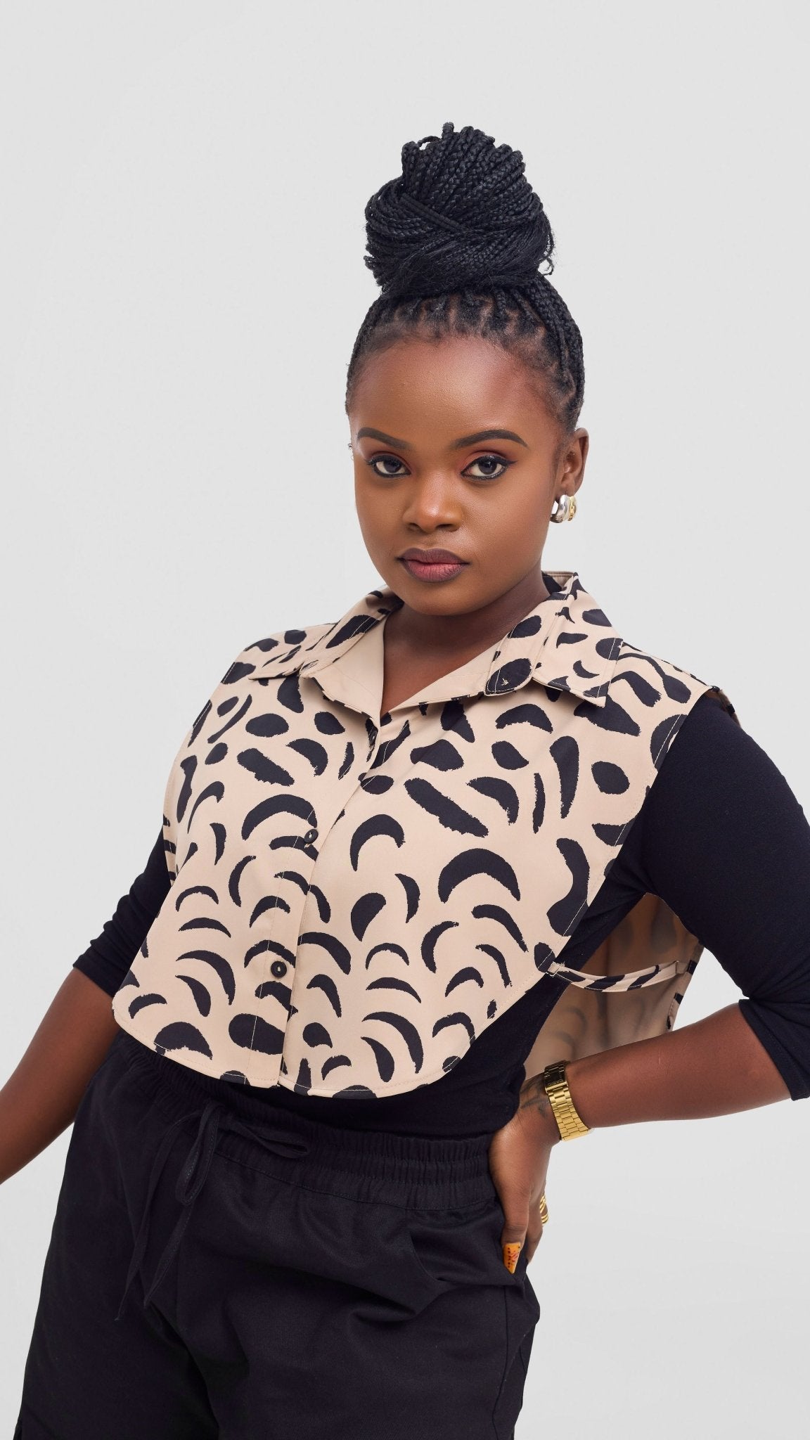 Shiv & Shikie X Safari Faux Collar Printed Shirt - Taupe/Black Ezi Print - Shopzetu