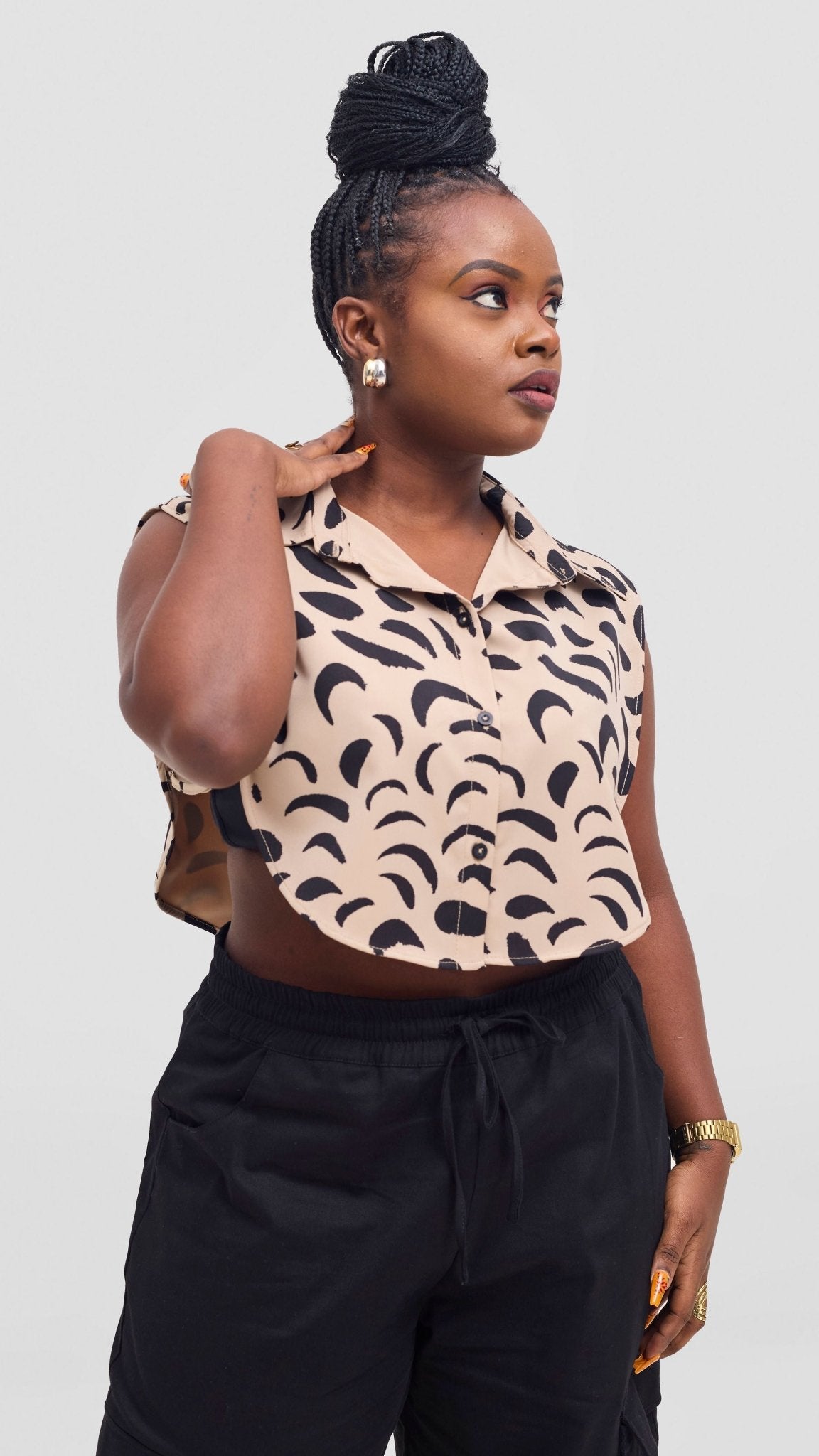 Shiv & Shikie X Safari Faux Collar Printed Shirt - Taupe/Black Ezi Print - Shopzetu