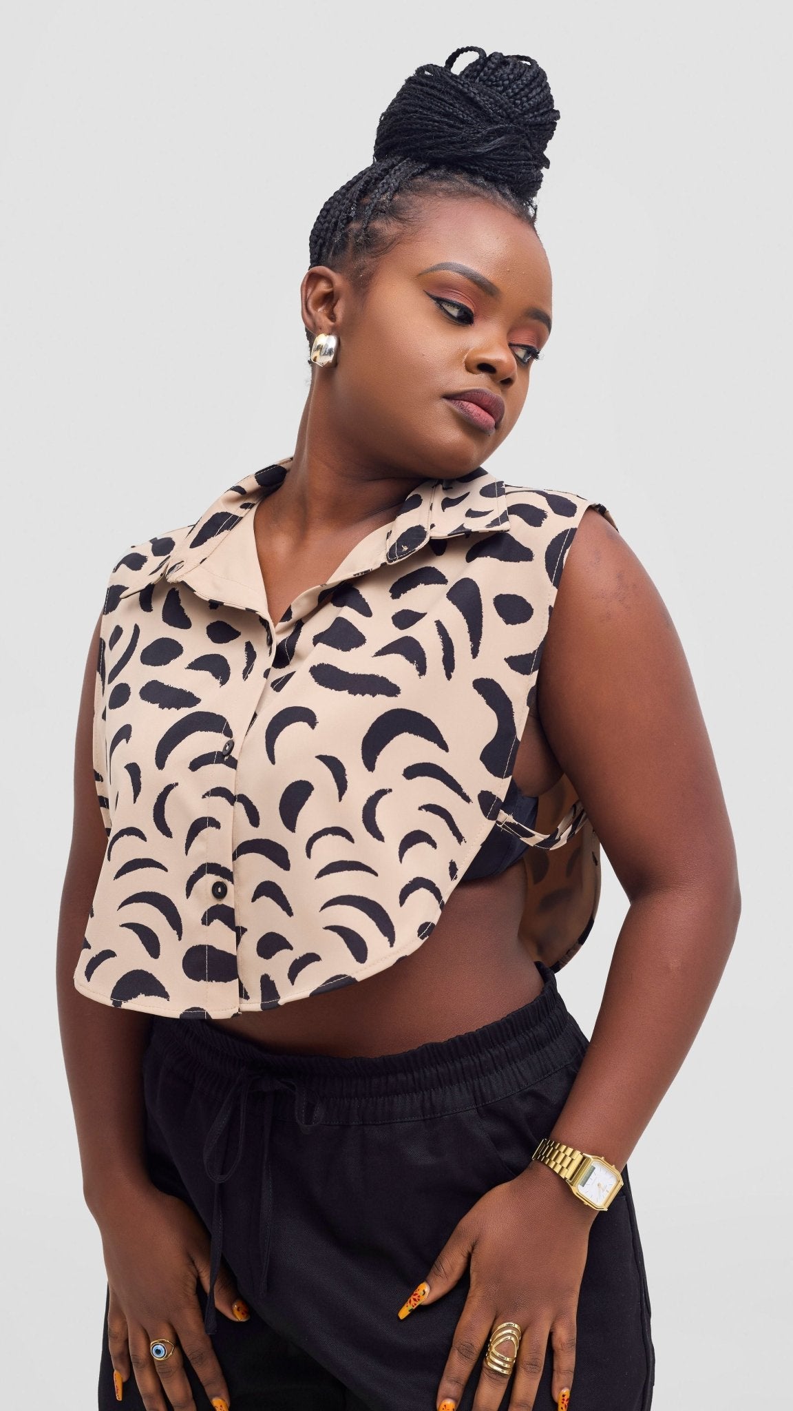 Shiv & Shikie X Safari Faux Collar Printed Shirt - Taupe/Black Ezi Print - Shopzetu