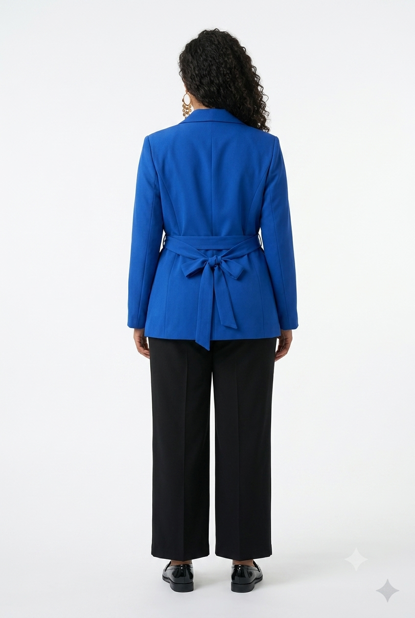 Stylish Sisters Shawl-Collar Belted Tailored Tuxedo Blazer - Royal Blue