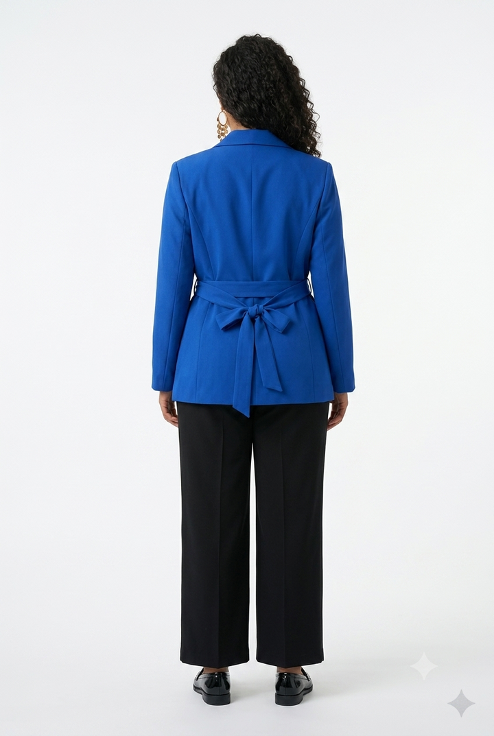 Stylish Sisters Shawl-Collar Belted Tailored Tuxedo Blazer - Royal Blue