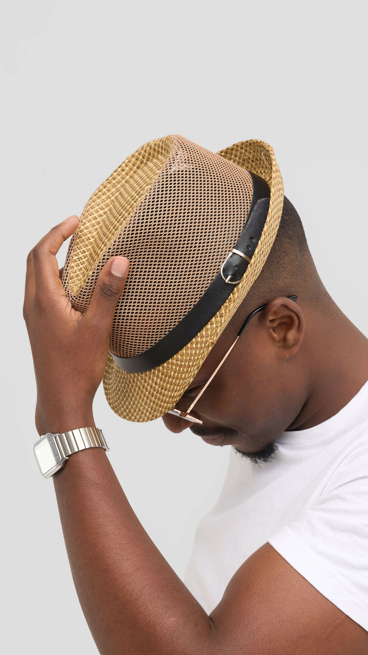 Umbo Collections Mesh Straw Fedora Hat - Beige