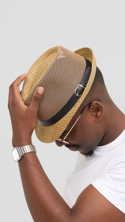 Umbo Collections Mesh Straw Fedora Hat - Beige