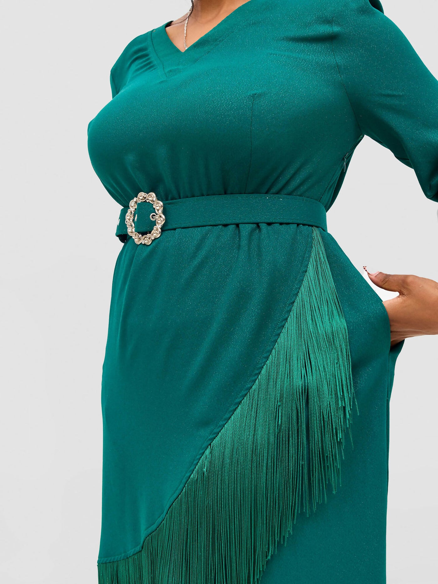 Elegance Fashion Tassels Belted Dress - Green - Shopzetu