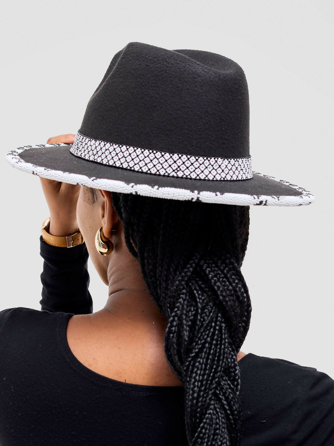 Umbo Collections Fedora With Beaded Band and Brim Hat - Black