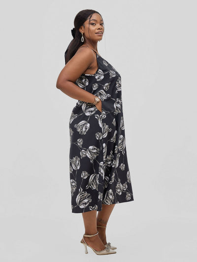 Hessed Flower Print Midi Sleeveless Dress - Black - Shopzetu