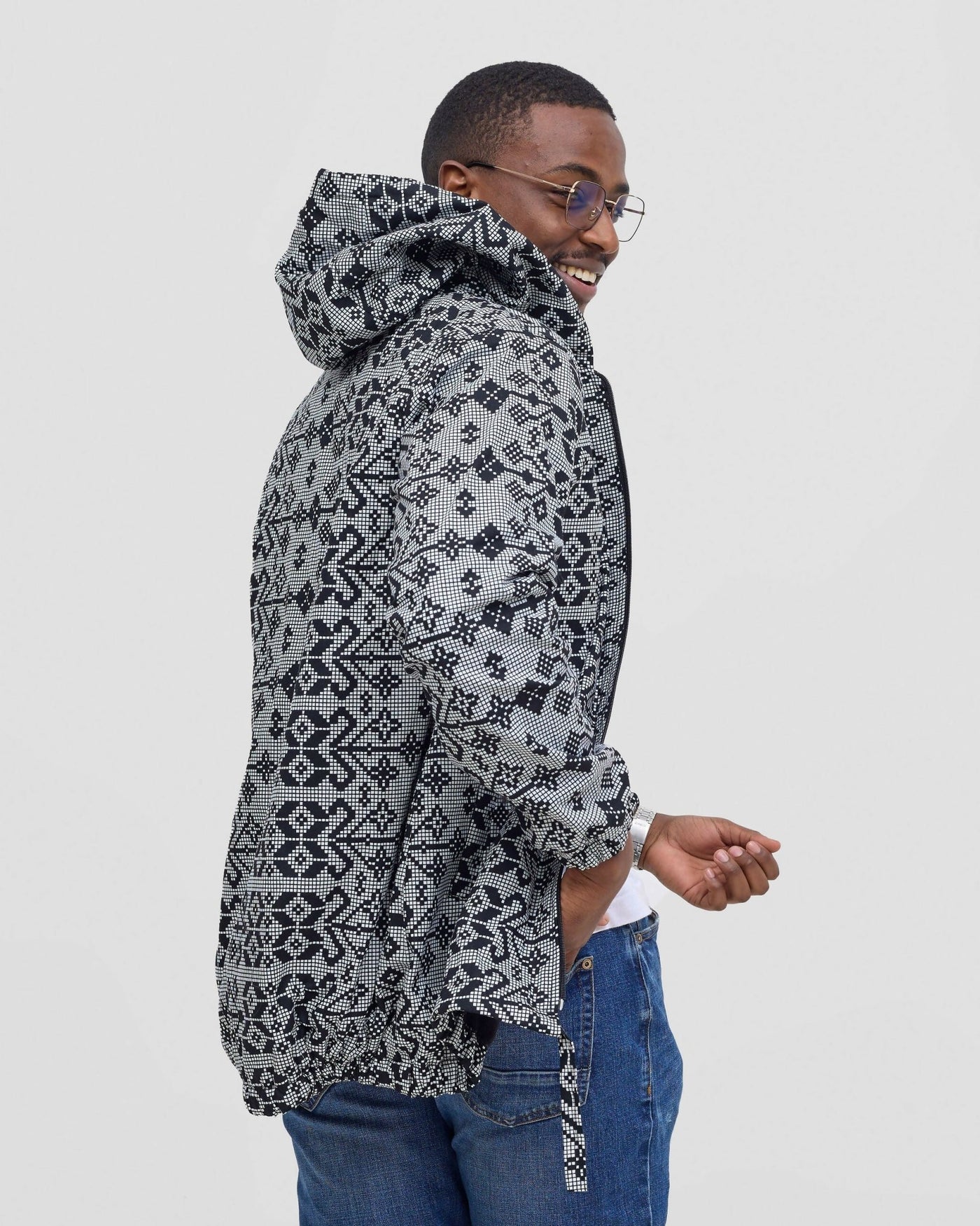 Gravio Fashion Monochrome Hooded Jacket - Black / White - Shopzetu