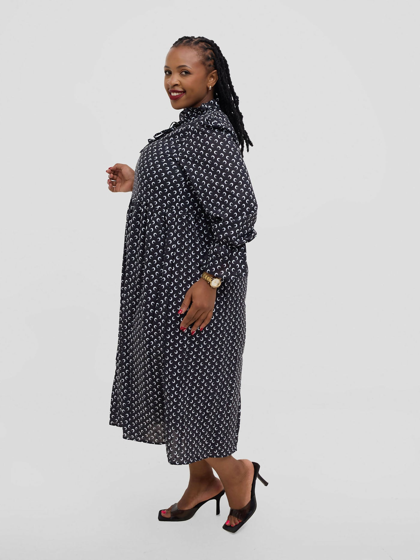 Hessed Polka Dot Ruffle Flare Sleeve Beled Chiffon Dress - Black - Shopzetu