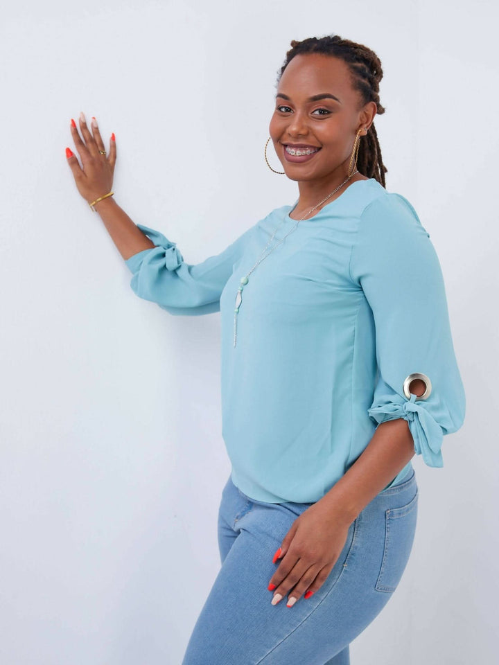 The Fashion Frenzy Ribbon Tie Top - Blue - Shopzetu