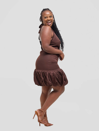Pure Buxom Polka Bubble Hem Halter Dress - Brown - Shopzetu