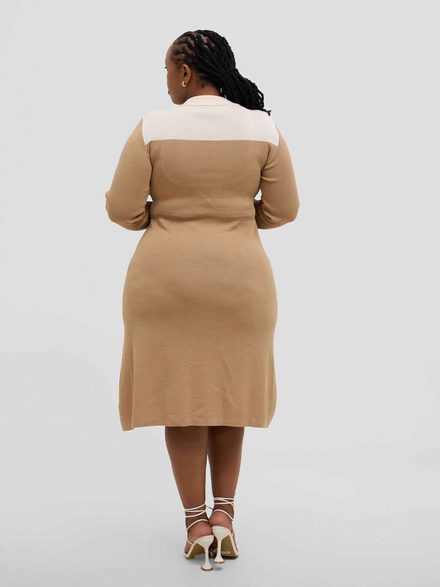 Hessed Long - Sleeve Half - Buttoned Midi Sweater Dress - Beige - Shopzetu